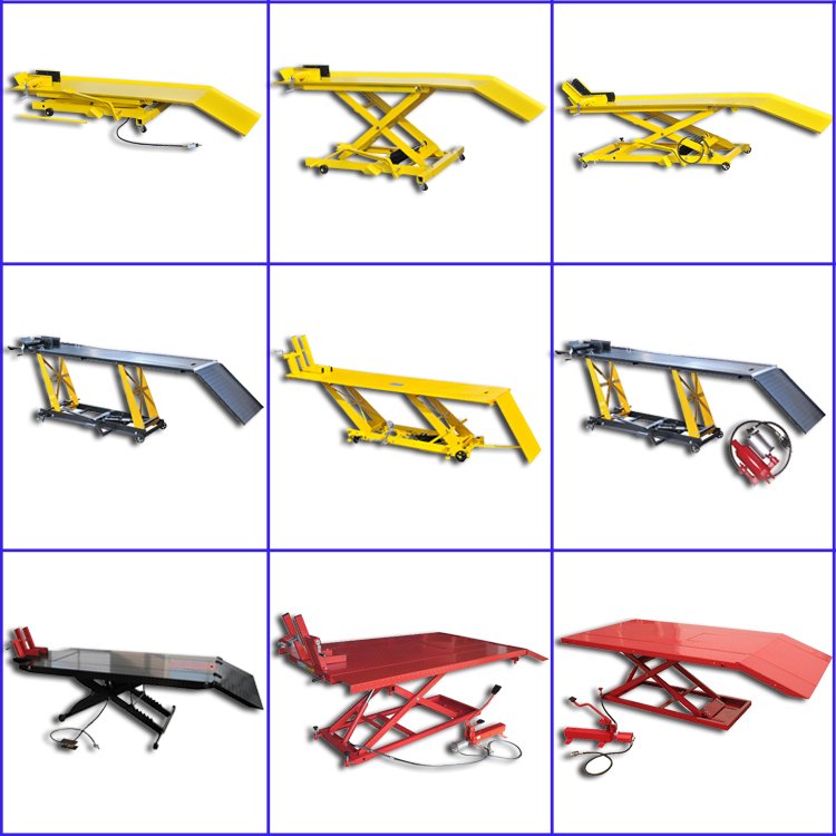 Common Used 800lb Pneumatic Hydraulic Motorcycle Lift Table Rubber Front Wheel Clip Motorcycle Lift Table with Foot Pedal