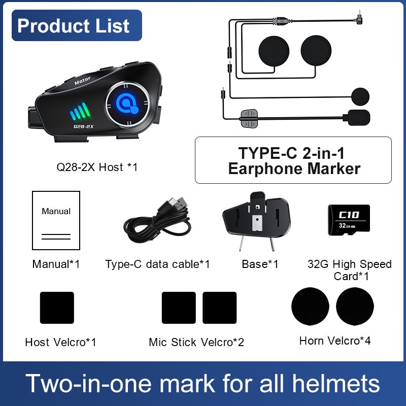 Q28 2X New Design HD1080P Waterproof IPX6 Bluetooth WiFi APP Helmet Intercom Video Recorder 2Way 500M Motor Use Used Condition