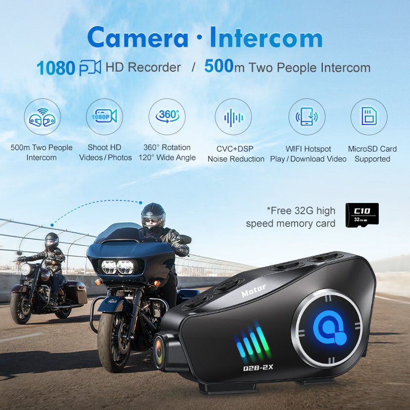 Q28 2X New Design HD1080P Waterproof IPX6 Bluetooth WiFi APP Helmet Intercom Video Recorder 2Way 500M Motor Use Used Condition