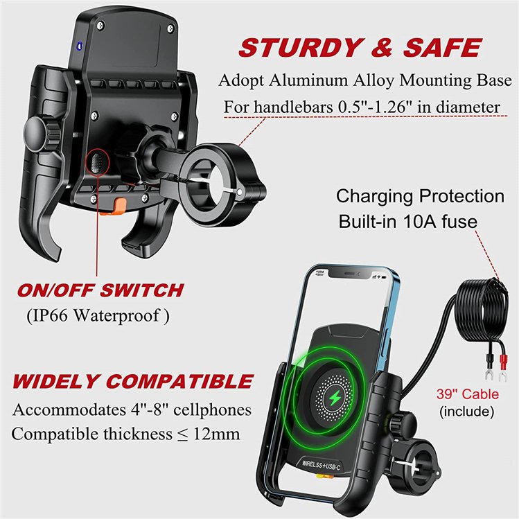 New Arrival Aluminum Waterproof fast Wireless Charger Motorbike Motorcycle Phone Holder Charger With USB-C Charger